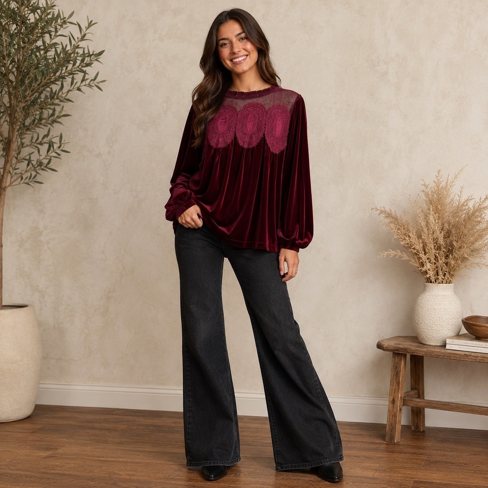 Womens Burgundy Velvet Lace Crochet‎ Boho Babydoll Blouse Top Medium NWOT